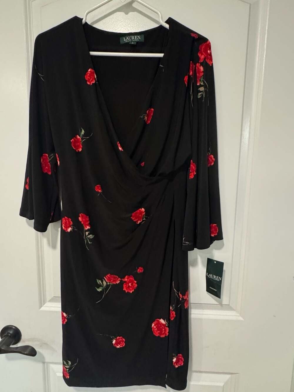 Lauren Ralph Lauren Black Red Rose Floral Wrap Dress Bell Sleeve NWT Size 6